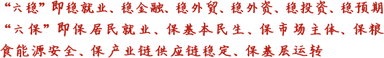 六穩(wěn)即穩(wěn)就業(yè)、穩(wěn)金融、穩(wěn)外貿(mào)、穩(wěn)外資、穩(wěn)投資、穩(wěn)預期六保即保居民就業(yè)、保基本民生、保市場主體、保糧食能源安全、保產(chǎn)業(yè)鏈供應鏈穩(wěn)定、保基層運轉